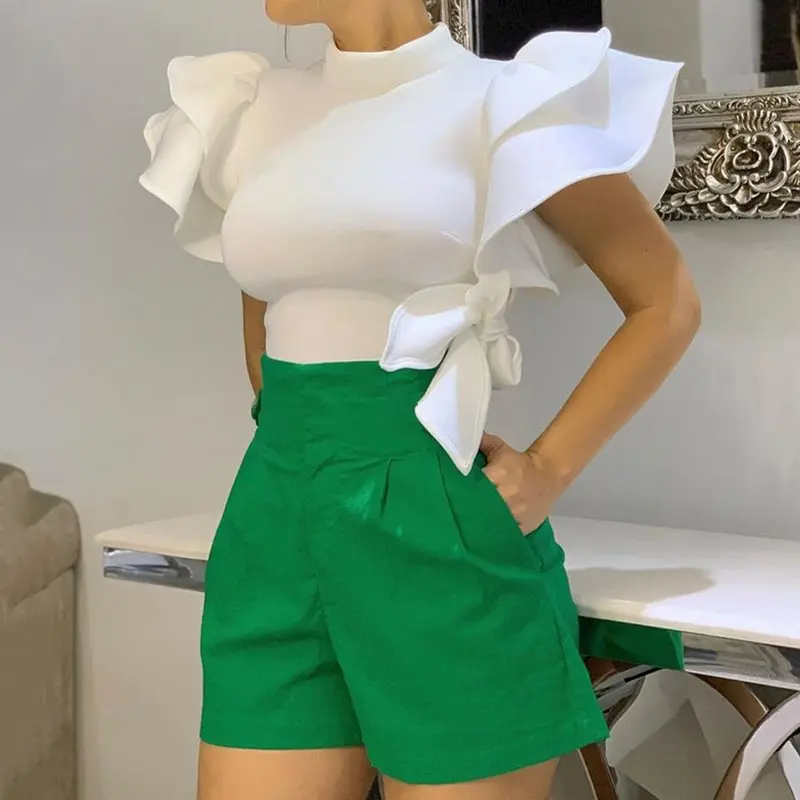 الصيف أنيقة مكتب السيدات زائد حجم الأبيض البلوزات المرأة 2019 ضئيلة كشكش كم Bowknot الوقوف طوق النساء قمم شيك قمصان