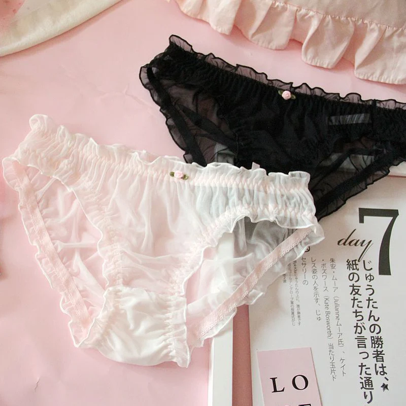 

fairy cute rose transparent gauze superfine stretch big yards low rise girl black and white pants seamless panties tanga sexy