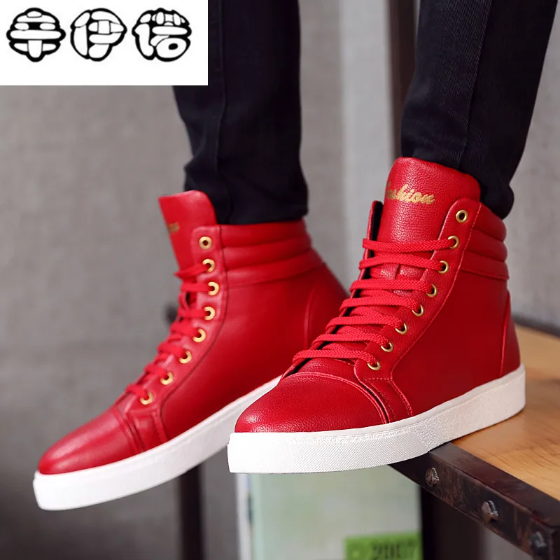New Fashion High Top Casual Shoes For Men PU Leather Lace Up Red White Black Color Mens Casual Shoes Men High Top Shoes Red