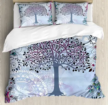 

Nature Duvet Cover Set Cute Tree of Life Motif with Peacock Feathers Tribal Vintage Primitive Nature Illustration Bedding Set