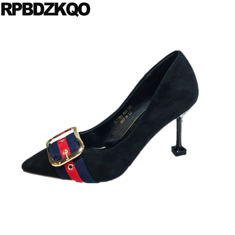 

size 4 34 suede metal pointed toe high heels black shoes pumps stiletto office belts scarpin designer women luxury 2018 8cm sexy