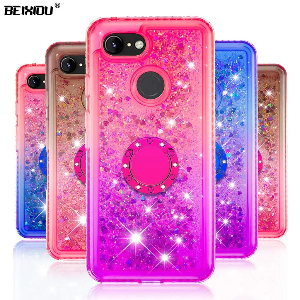 

Quicksand bling Phone Case For Google Pixel 3 XL Cover TPU Back Cover For Google Pixel XL3 Case With Ring Buckle Bracket 6.3"