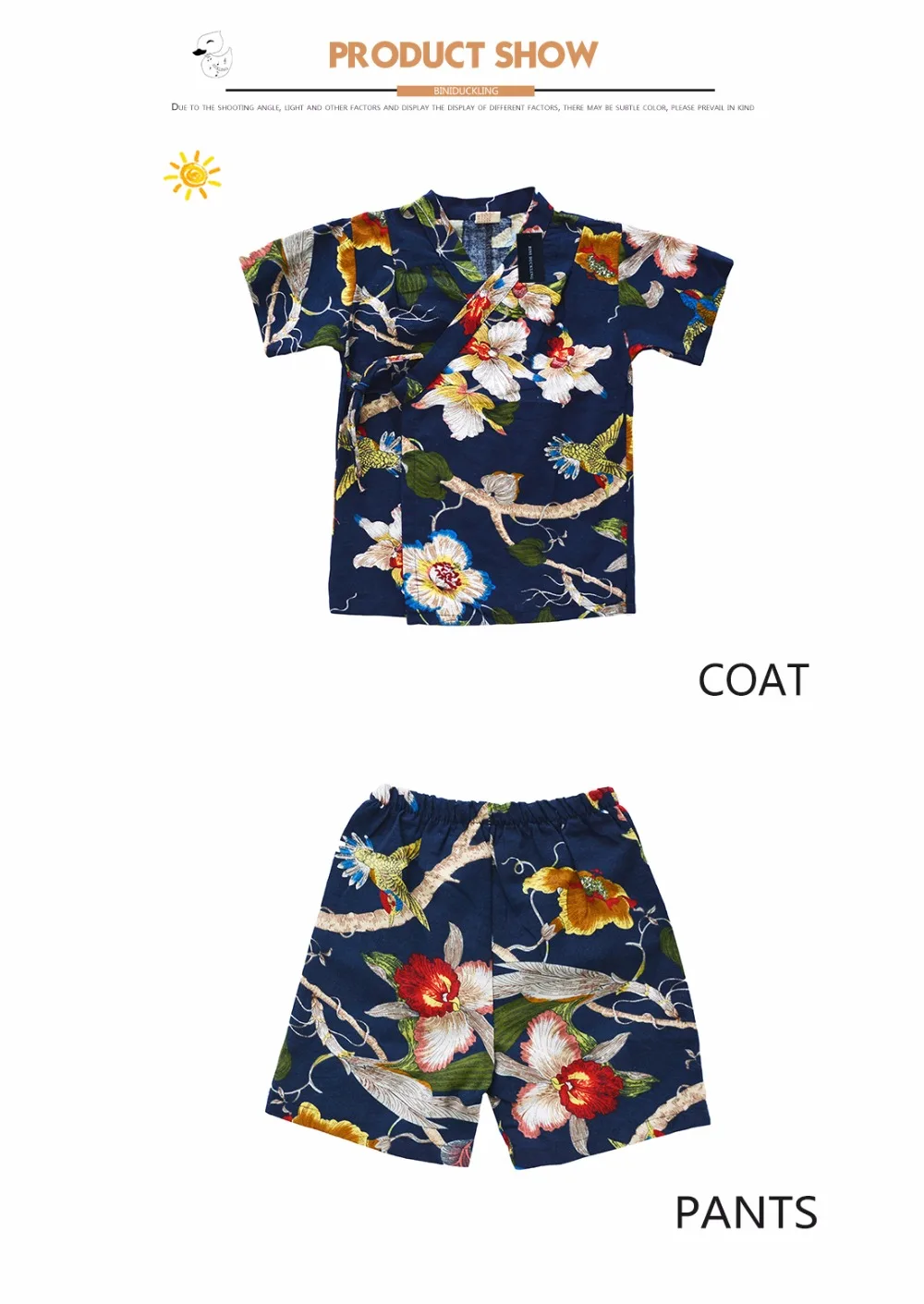 BINIDUCKLING для мальчиков и девочек летние костюмы кимоно комплект рубашка с поясом+ брюки шорты марли японская Стиль с цветочным принтом для маленьких детей