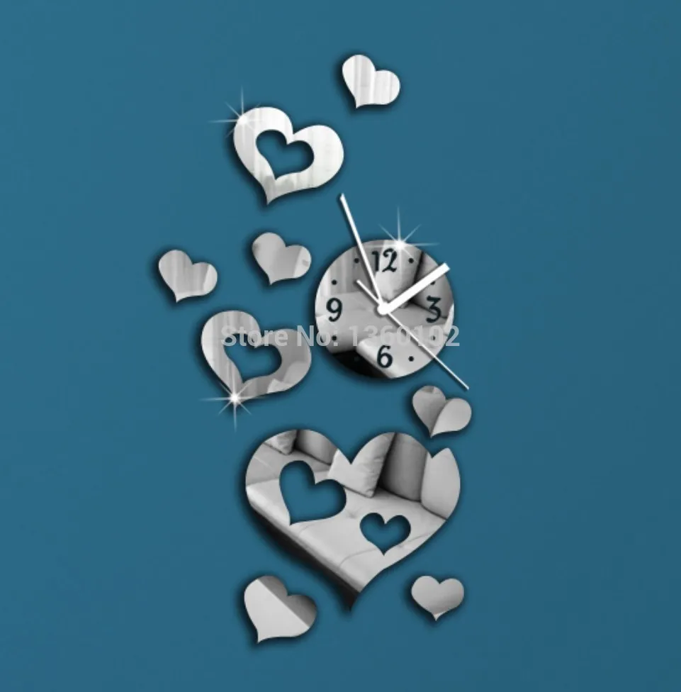2017 New Watch Wall 9 Heart Acrylic Mirror Wall Clocks Quartz Clock