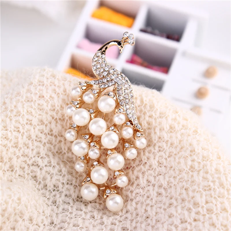 Elegant Pearl Peacock Bouquet Brooch Animal Peacock Brooch Pins Rhinestone Feather Brooches Women Wedding Bridal Party Jewelry-3