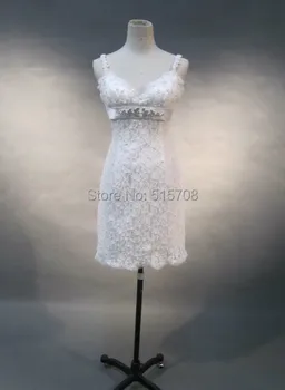 

Real Photo Short Wedding Dresses Sexy Spaghetti Straps V Neck Sleeveless Backless Lace Church Garden Beach Bridal Dress