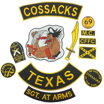 

12pcs/ A SET COSSACKS TEXAS MC Patches Iron-On Sew On Biker Rider Patch Embroidered Jacket Clothing SGT. AT ARMS Rocker Patch