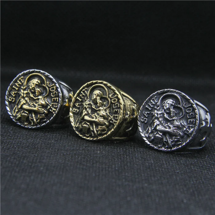 

Drop Ship 7-14 Very Big Cool Silver Golden Saint JOSEPH Ring 316L Stainless Steel Huge Mens Saint Ring