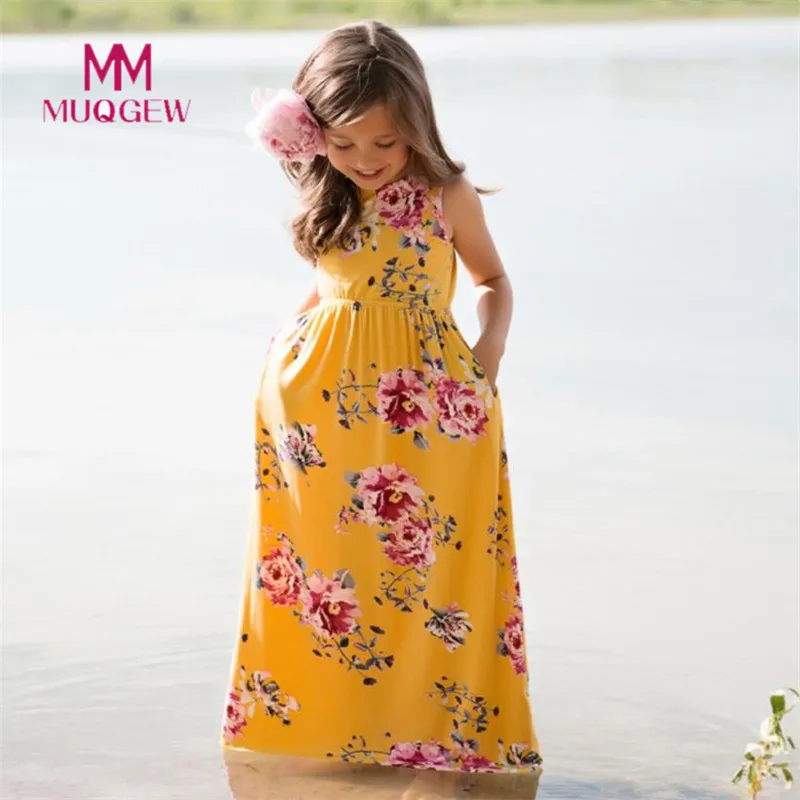 

Sleeveless Floral Print Long Girls Dress Soft Kids Party Beachwear Dresses Outfits Sundress Children Clothing For Girls Vestidos