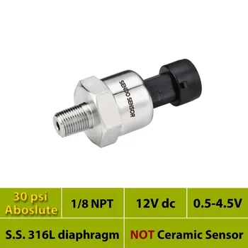 

1 8 NPT pressure sensor, 30psi, 2bar absolute, 0.5 4.5V output, AISI 316L diaphragm, 12VDC, 24Vdc supply, 3 wires packard, IP65