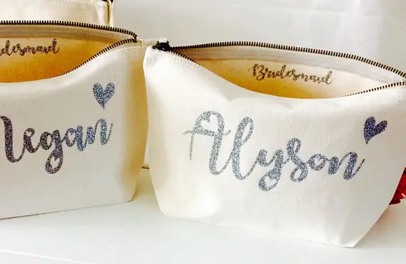

personalized text glitter wedding bridesmaid bride Make Up makeup comestic vanity Bags birthday toiletry pouches Party favors