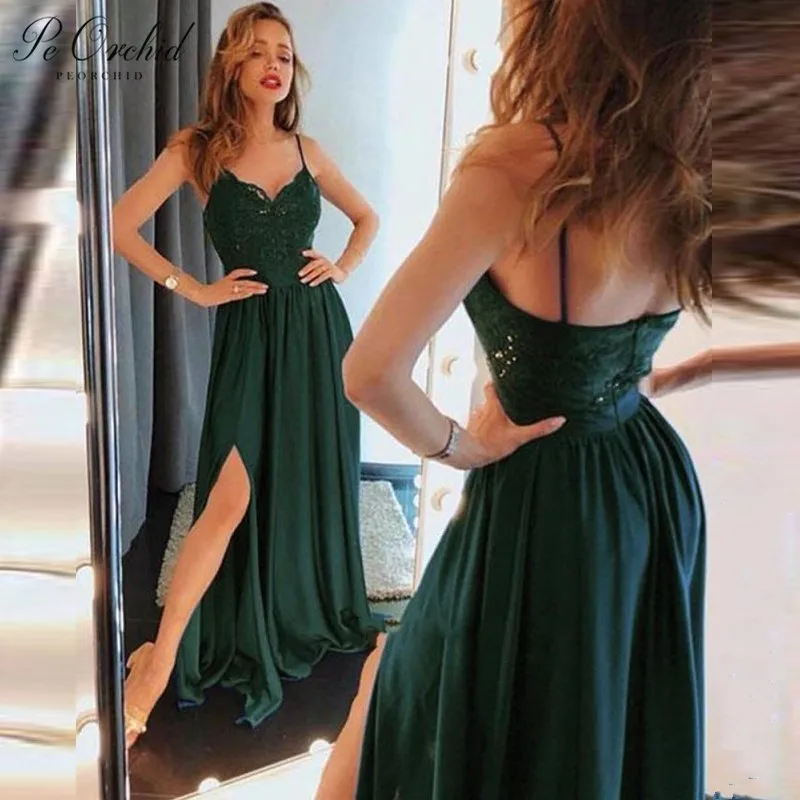 Peorchid кружева изумрудно-зеленый, на выпускной платье Винтаж Vestido Baile Latino Mujer De праздничные пикантные Разделение Платья для выпускного длинная одежда для вечеринки