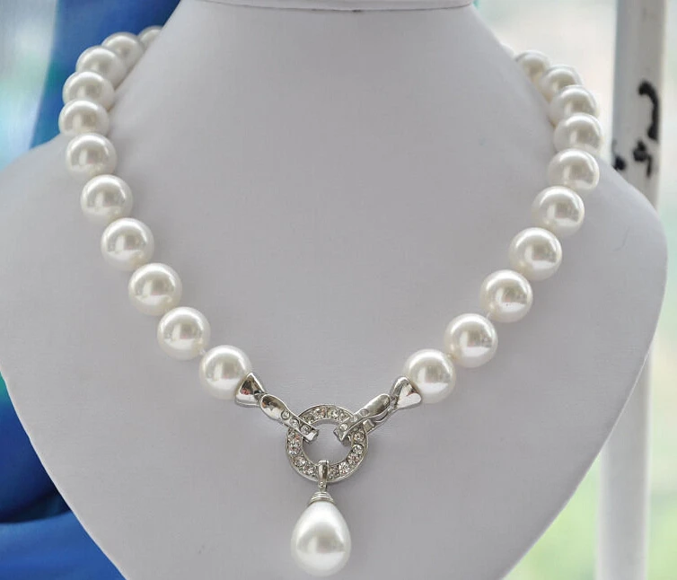 

huij 001568 NICE 14mm round white SHELL PEARL NECKLACE Drip pendant 17inch