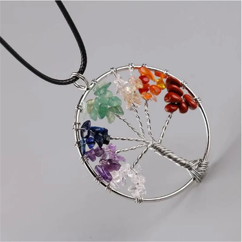 

Women Rainbow 7 Chakra Pendants Tree Of Life Quartz Chips Pendant Necklace Multicolor Wisdom Tree Natural Stone Necklaces Round