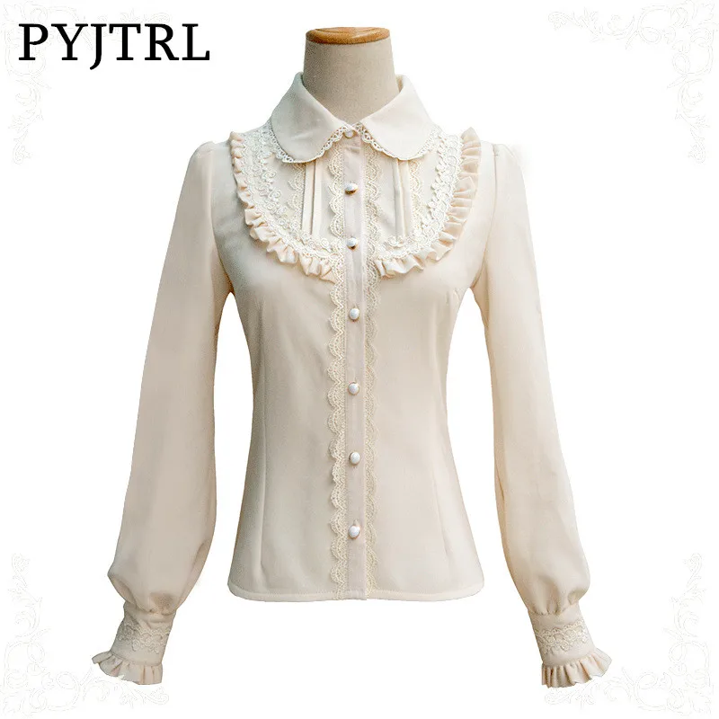 

PYJTRL New Autumn Winter Thick Keep Warm Shirt Sweet Lolita Temperament Lace Turn Down Collar Slim Fit Blusas Kimono Women Tops