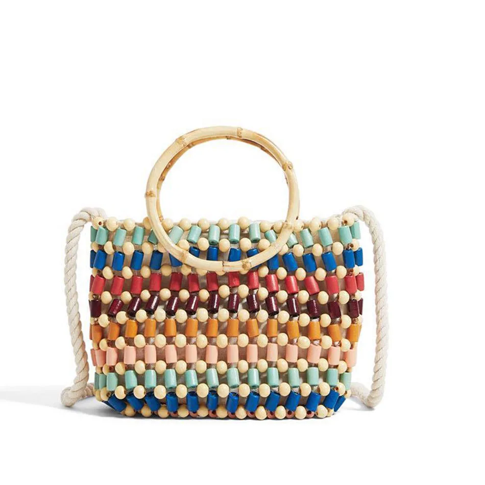 

SUNNY BEACH Colorful Wood Beaded Straw Bag Women Tote Bags Summer Bag Handmade Woven Beach Crossbody Bohemia Handbag