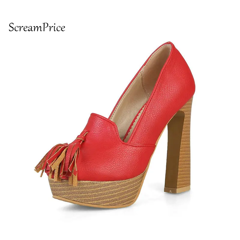 

Platfrom Thick High Heel Woman Lazy Pumps Fashion Fringe Shallow Party High Heel Shoes Spring Autumn Woman Shoes Red