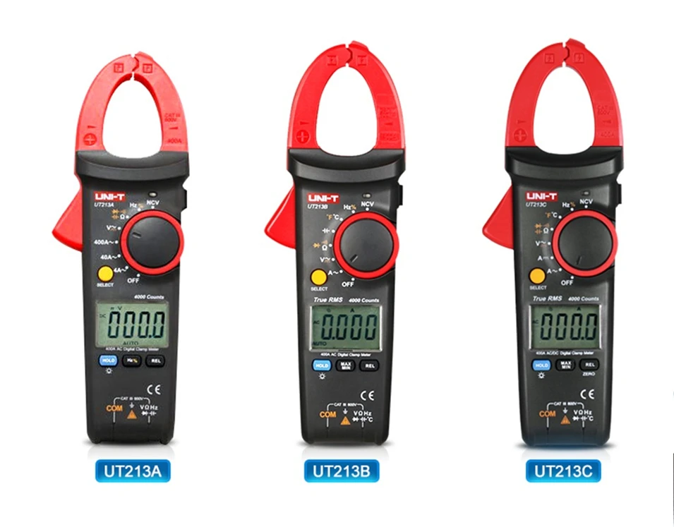 

UNI-T UT213A UT213B UT213C Digital LCD Clamp Meter Multimeter AC/DC Voltage Current Resistance Capacitance Diode Continuity NCV