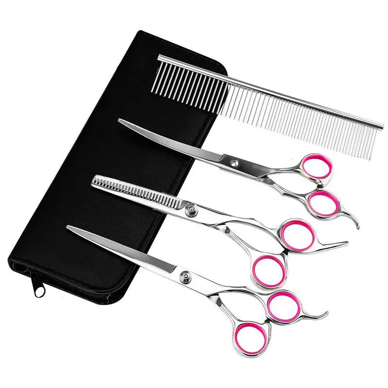 

Professional Pet Scissors For Dog Grooming Straight Thinning Curved Scissors With Comb Bag Cat Hair Cutter Clipper