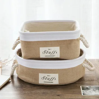 

Small Cute Natural Cotton Linen Sundries Storage Basket Box with Handle, Oval Toys Stationery Snacks Holder Organizer on Desk