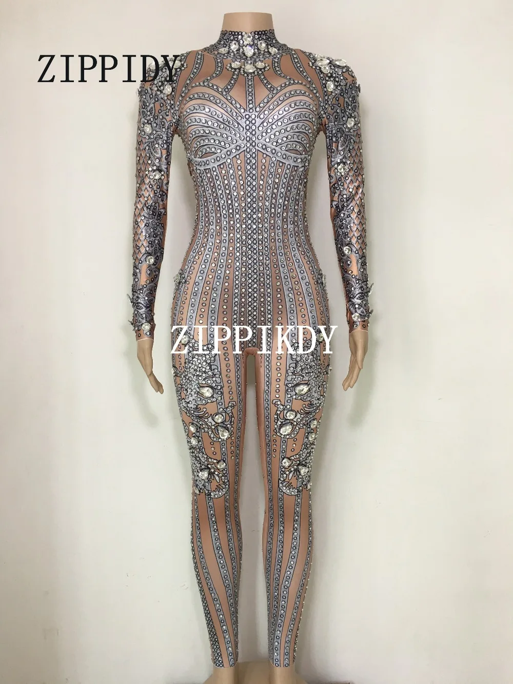 Fashion Silver Sparkly Rhinestones Jumpsuit  Bodysuit Women's Performance Party Celebrate luxurious Costume Dance Clothing