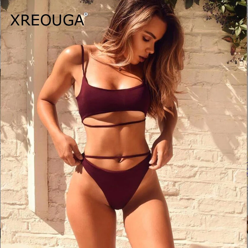 

XREOUGA Solid Bandage Women Sexy Bikini Sets Hollow Cutout Padded Monokini Beach Wear Halter High Waist Thong Maillot de Bain