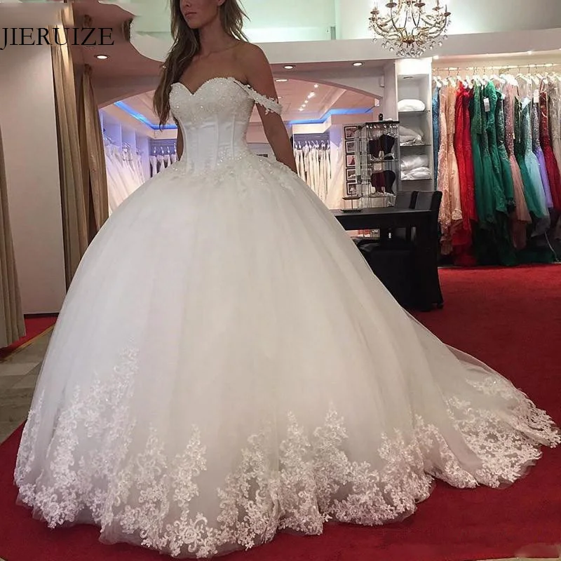 

JIERUIZE White Lace Appliques Ball Gown Princess Wedding Dresses Off The Shoulder Beading Bride Dresses Wedding Gowns mariage