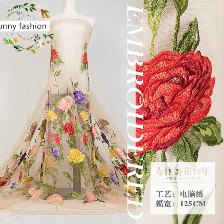 

High Quality Latest Design Multicolored embroidery 3D Floral embroidery tulle mesh lace fabric