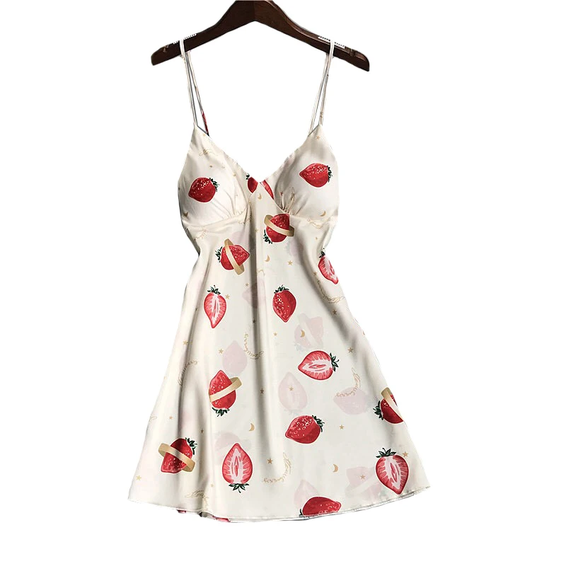 

Ins Style Women Nightgown Sweet Strawberry Printed Ladies Sling Skirt Sleepdress Silk Satin Thin Female Loose Summer Homewear