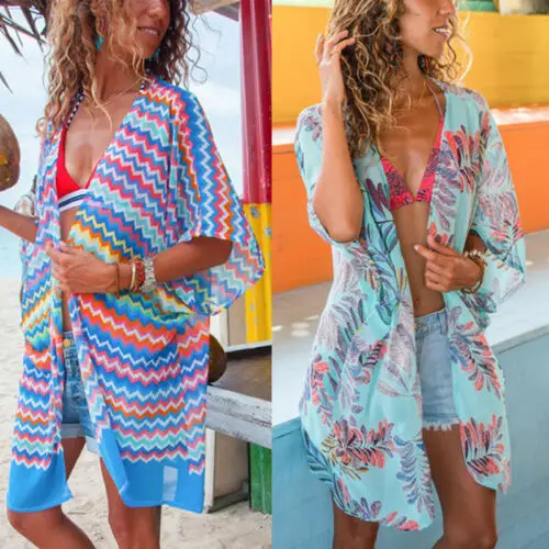 

2019 Summer Floral Sexy Women Chiffon Kimono Flare Sleeve Beach Bathing Cardigan Bikini Cover Up Brazilian Beachwear Dress