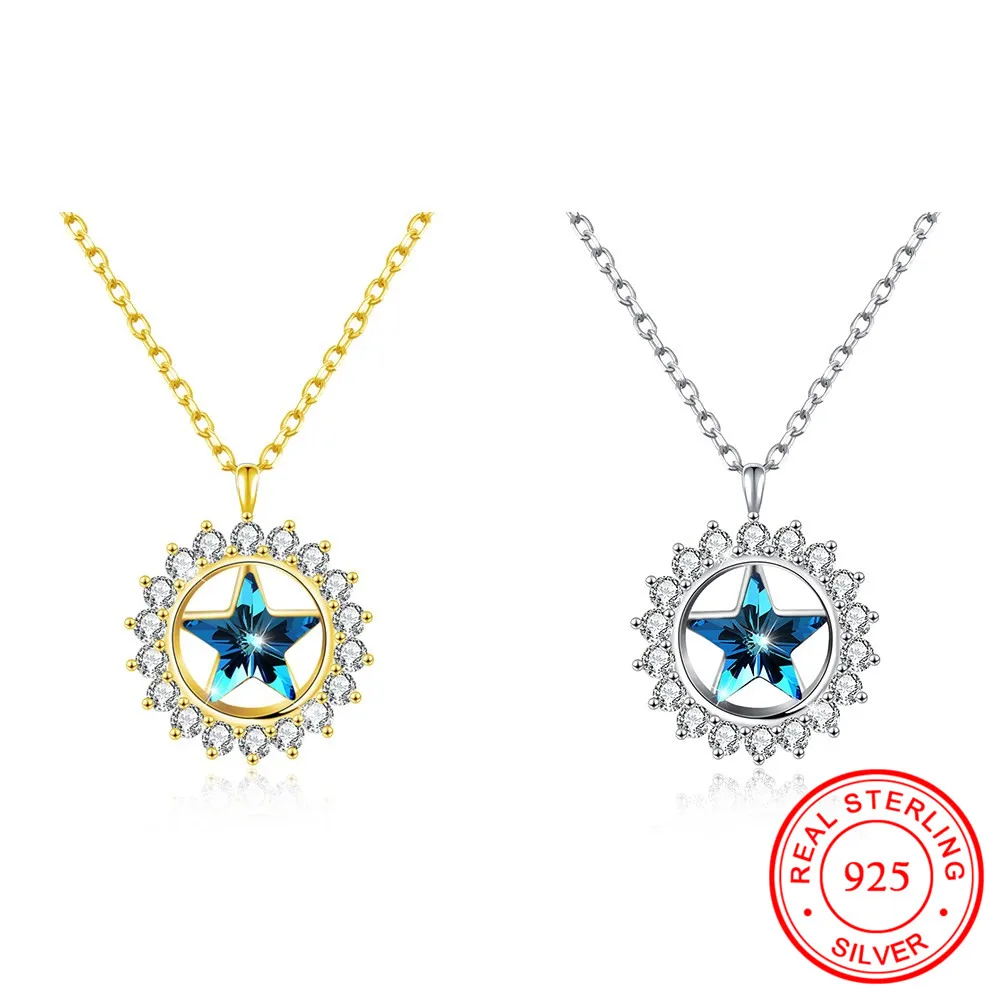 Fashion 100% Sterling Silver Simple Star Pendant Necklace with Shiny Austrian Crystal Female Sweet Jewelry Gifts | Украшения и