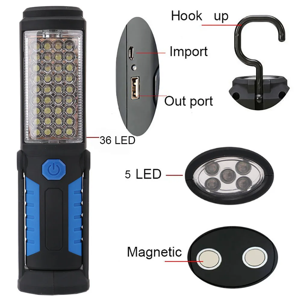 

USB Rechargeable 36+5LED Camping Work Inspection Light Lamp Hand Torch Magnetic Inspection Work Torch Lights With Hook Lantern