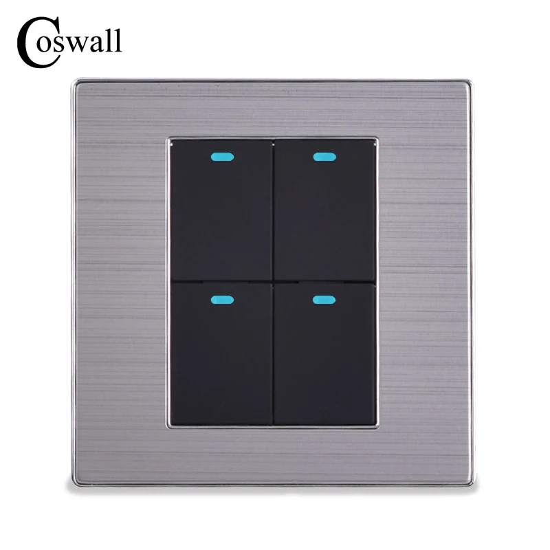 

COSWALL Power Conmutador 4 Gang 2 Way Luxury LED Light Switch On / Off Wall Switch Brushed Silver Panel 10A AC 110~250V