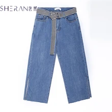 

2018 Loose Jeans Capris Women Stretch Knee Length Denim Pants Mid Waist Women's Jeans Female Side slit Short Jean For Woman