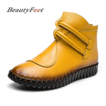 

2018 Winter Ankle Booties Women Shoes Flat Heel Full Grain Leather Zip Plush Snow Boots Ladies Strap Black Large Size BeautyFeet