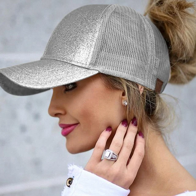 Casual Ponytail Baseball Cap Women Adjustable Snapback Hat Sequins Shine Hip Hop Caps For Women Dad Hat Summer Glitter Mesh Hats