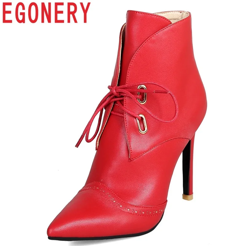 

EGONERY women shoes 2018 new fashion pointed toe super high thin heels lace-up large size elegant sexy ladies party ankle boots