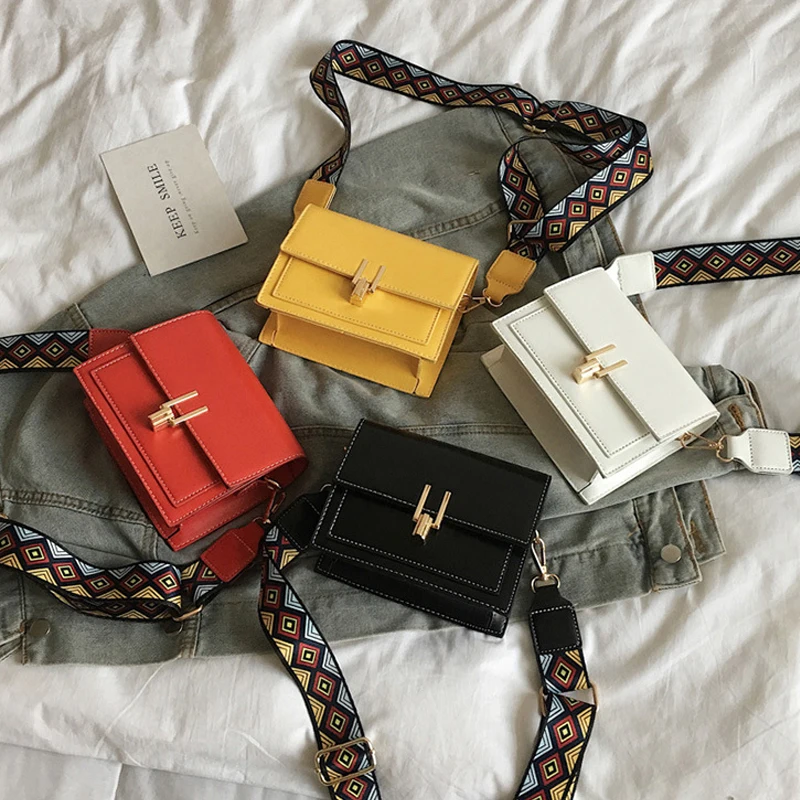 

2019 New Women's Bag Solid Color PU Leather Women's Bag Fashion Wide Shoulder Strap Crossbody Messenger Bag