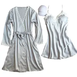 Новые пикантные весенние Для женщин длинный рукав серебро Цвет одеяние и платье комплект шелковый атлас Gecelik халат сексуальный Для женщин
