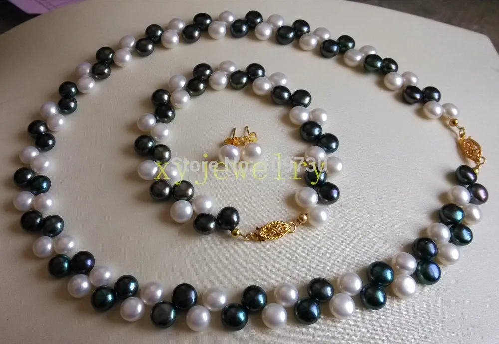 

Jewelry 00795 charm cultured 7-8mm white black pearl necklace bracelet & stud earring set (A0423)