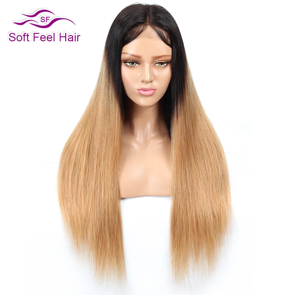 Soft Feel Hair 4*4 Омбре блонд Кружева Закрытие парик 1B/27 человеческие волосы Закрытие парики для черных женщин Remy бразильский парик Средний часть