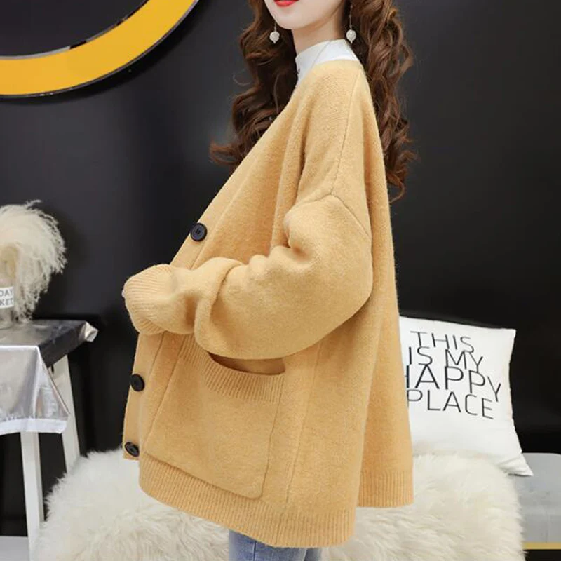 Hirsionsan свитер Харадзюку для женщин осень зима трикотажные кардиганы Корейский теплый свободный большой карман Femme Большие женские топы пальто