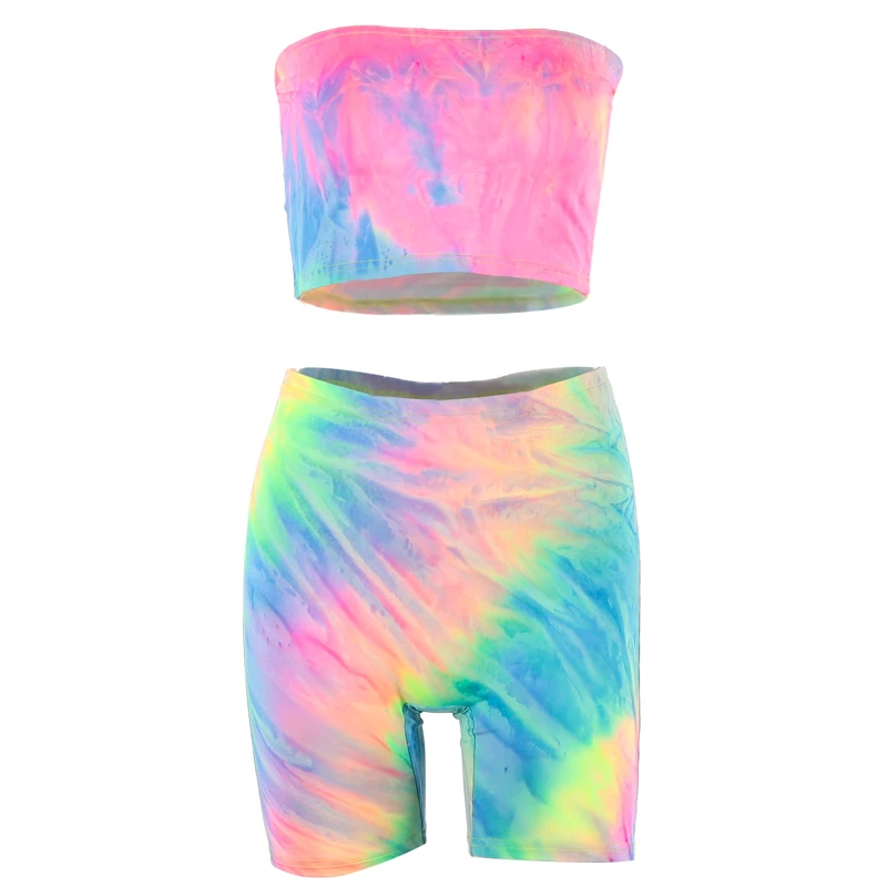 Hugcitar tie dye print sexy tank top biker shorts 2 two piece set 2019 summer women tracksuit crop tops streetwear