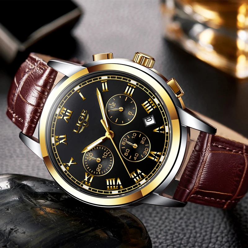 2017 LIGE Men sports Watches Male Fashion Business quartz-watch Men Leather Waterproof Clock Man Auto Date Multifunction Watches