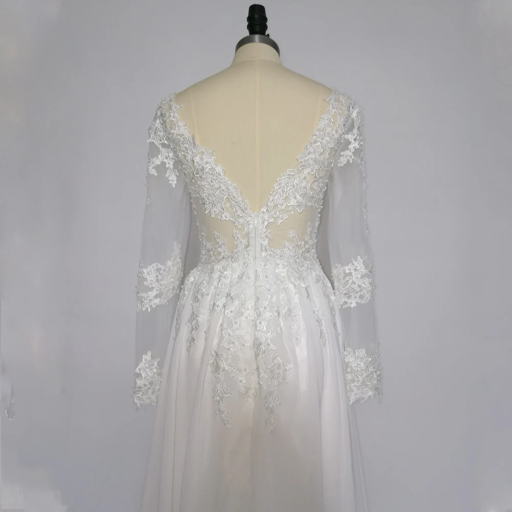 Long Sleeve Lace Appliques Pearls A-line Beach Wedding Dress
