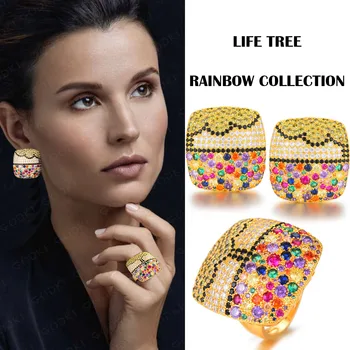 

GODKI Luxury Charms Multicolor Crystal Square Statement Ring Earring Set Full Cubic Zircon Women Fashion Jewelry Sets 2019