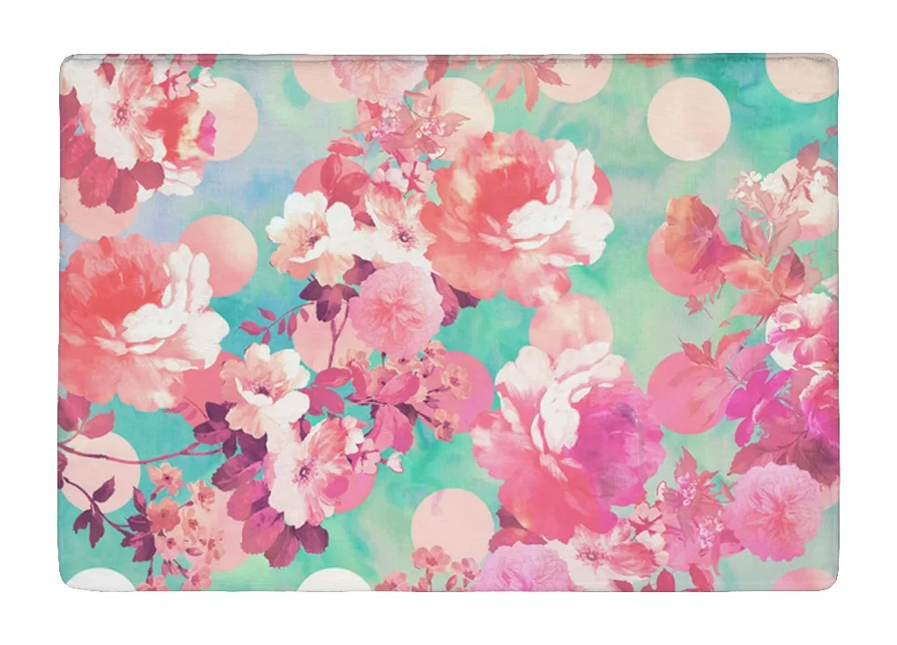 Floor Mat Romantic Watercolor Pink Peony Retro Floral Teal Polka Dots