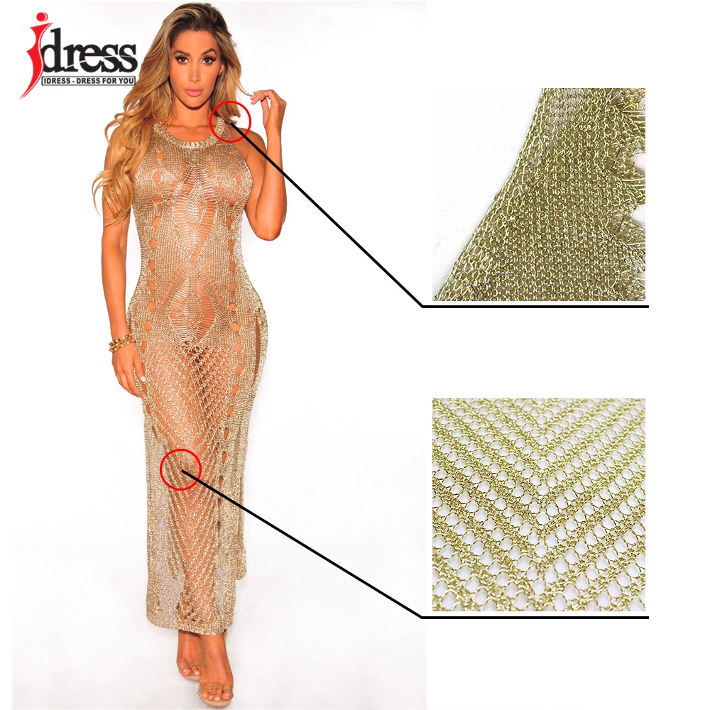 IDress Sexy Knitted Crochet Club Dress 2017 Summer Beach Sleeveless Maxi Dress Hollow Out See Through Purple Gold Beach Dress (6)