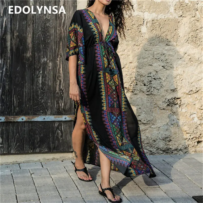 

Black Indie Folk Turkey Kaftan Beach Dress Sexy V-Back Plunging Neck Half Sleeve Side Split Plus Size Women Summer Dress N645
