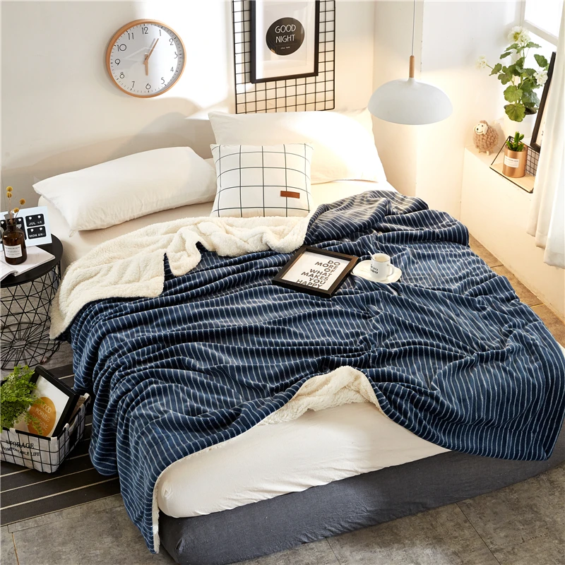 

Modern Style Blue Stripe Pattern Imitation Cashmere Thread Throw Bed Blankets Double ThickeN Winter Sheep Velvet Blanket Warm